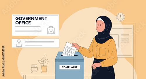 Muslim Woman Filing a Complaint Form at a Government Office Illustration