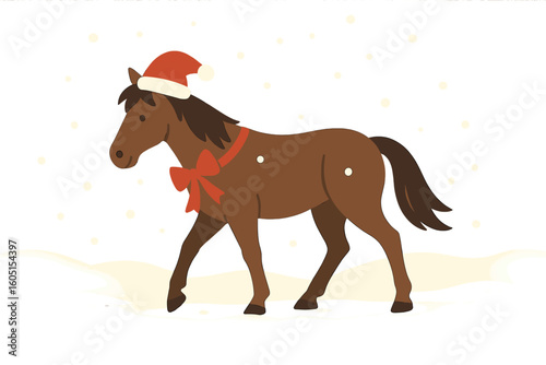 Saint Nicholas on horseback atop a roof delivering presents to youngsters amidst a winter wonderland scene