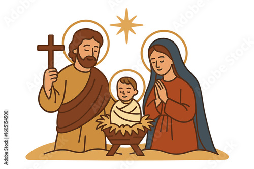 Adorable depiction of the holy family with Jesus resting in a straw cradle manger surrounded by characters