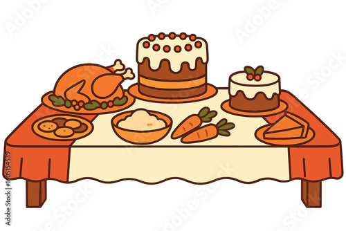 Flat style illustration of a large festive holiday dinner table with drinks and food, representing Christmas and New Year's celebrations
