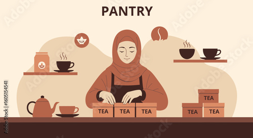 Muslim Woman Organising Tea Boxes In Pantry Illustration With Beige Background