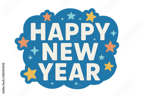 Colorful stars accompany a HAPPY NEW YEAR message in vector brush calligraphy