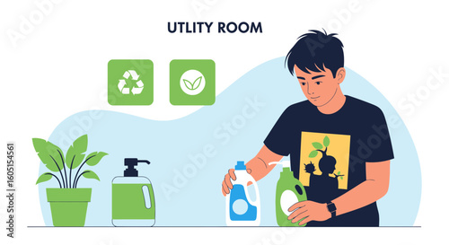 Man Organizing Recycling And Eco Friendly Cleaning Supplies In Utility Room
