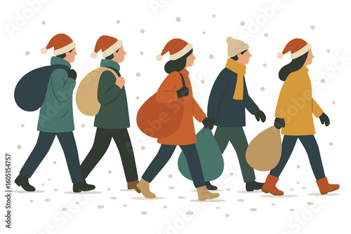 Vector illustration depicting joyful individuals carrying gifts and bags as they stroll down a snow-covered street, with men and women shopping for Christmas gifts, set against a cityscape backdrop
