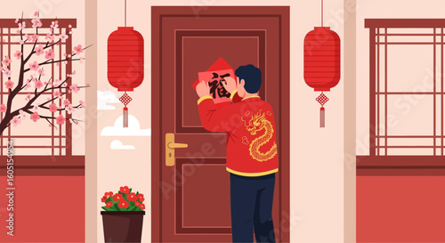 Man Pasting Fu Character Symbol For Good Luck Traditional Celebration