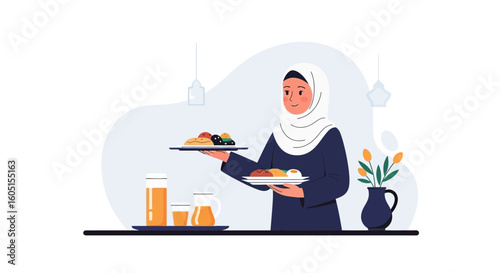 Muslim Woman Preparing Iftar Meal Traditional Ramadan Observance Illustration