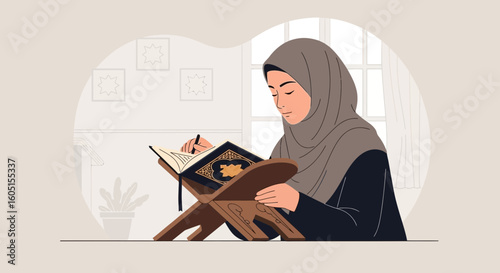 Muslim Woman Reading The Holy Quran And Taking Notes At Home Quietly