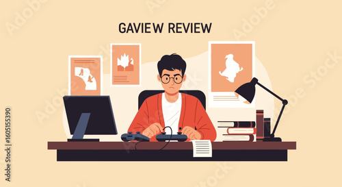 Man Playing And Testing Video Games While Working From Home Cartoon Illustration