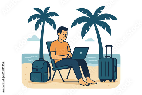Freelance lifestyle and travel concept of a digital nomad working remotely with a laptop on a tropical beach island