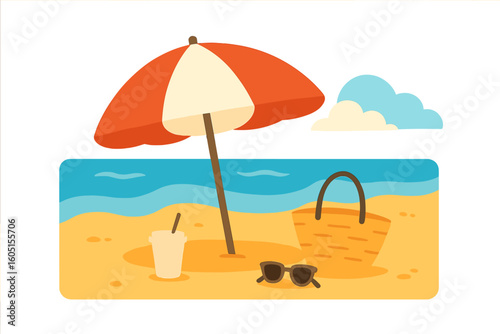 A colorful seaside setting featuring a striped umbrella, swimsuit, tropical cocktail, and sunglasses laid out on the sand, capturing the essence of an ideal summer getaway
