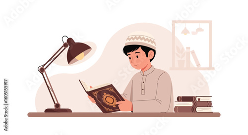 Muslim Young Man Reading Quran Under The Lamp Studying at Home
