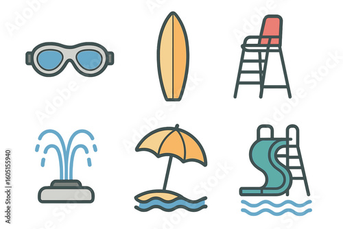 Dive into summer fun with stylish flat design using the poolside essentials icon set, featuring vector icons