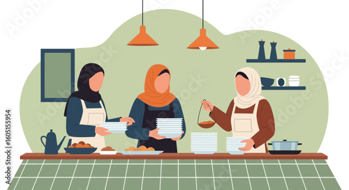 Muslim Women Working Together Preparing Food In A Kitchen Setting For Community