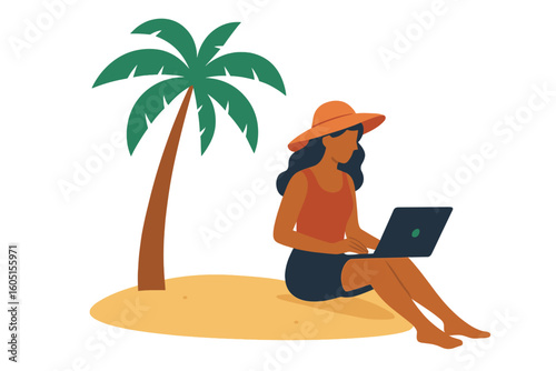 Digital illustration depicting a woman with a laptop working remotely under a palm tree, symbolizing a digital nomad lifestyle and vacation concept on the beach