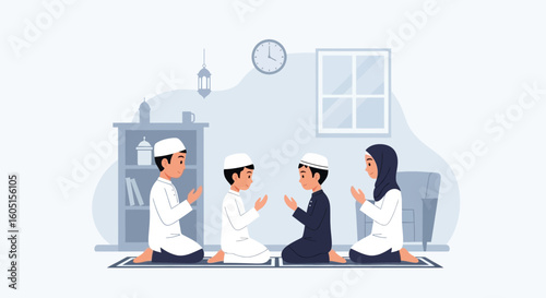 Muslims Praying Together At Home In A Peaceful Illustrated Environment