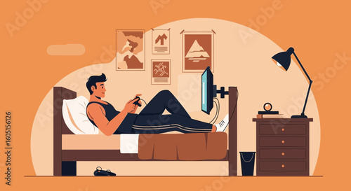 Man Plays Video Game Comfortably In His Bedroom With Minimalist Design