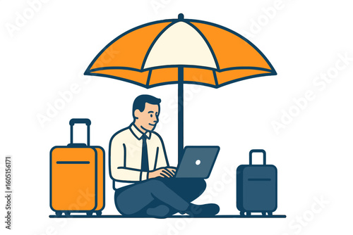 Flat vector illustration depicting a businessman working remotely under a beach umbrella, highlighting how stress and deadlines infiltrate personal time, symbolizing digital burnout and work-life