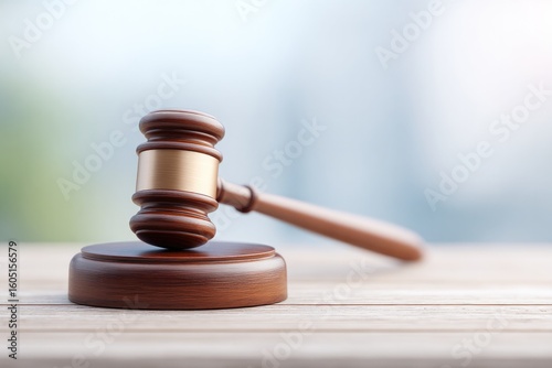 minimalist clean image of solitary legal gavel resting on simple wooden desk bathed in soft natural light
