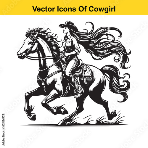 Wallpaper Mural Cowgirl Riding Horse with Braid and Blowing Hat – Western Line Art Vector Torontodigital.ca
