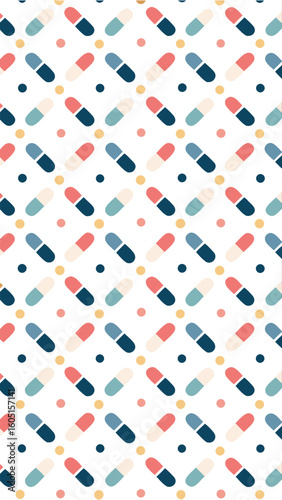 A charming and colorful abstract pattern featuring a repeating arrangement of pills and small dots in various pastel shades