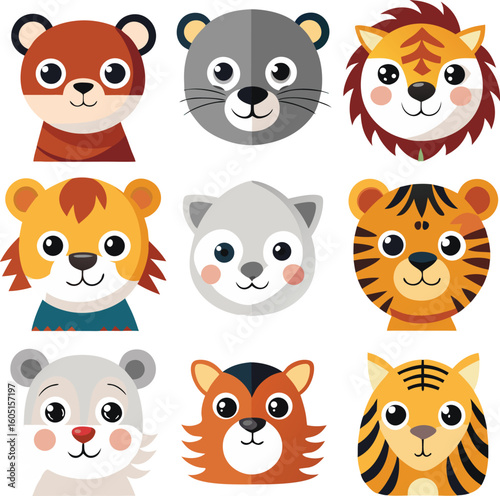 Nine Cute Cartoon Animal Faces Tiger Bear Raccoon vector