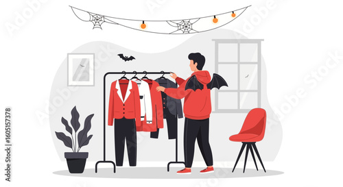 Man Prepares Halloween Costume Selecting From Wardrobe At Home Party