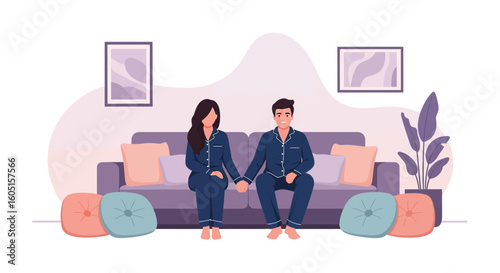 Romantic Moment Couple Relaxing On Sofa In Cozy Living Room Wearing Pajamas