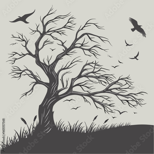 Silhouette of a tree with roots and branches in a natural forest landscape