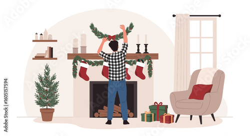Man Prepares Home For Christmas Decorating Fireplace With Garland And Stockings