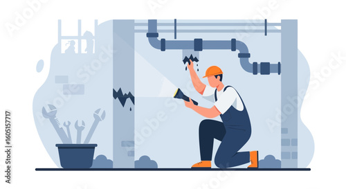 Plumber Inspecting Leaky Pipe With Flashlight In Basement Repair Services