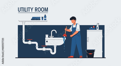 Plumber Fixing Sink Clog With Plunger In Utility Room Service Plumbing