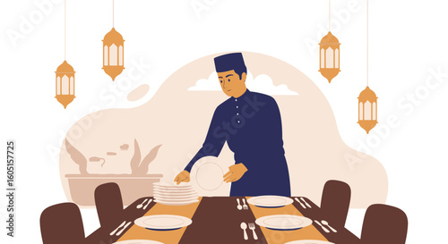 Man Prepares Table Setting With Traditional Lanterns For Hari Raya Celebration