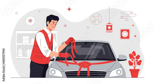 Man Preparing Car As A Gift With Red Ribbon Bow For Holiday Celebration