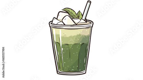 Artistic Hand Drawn Iced Matcha Latte Sticker Design