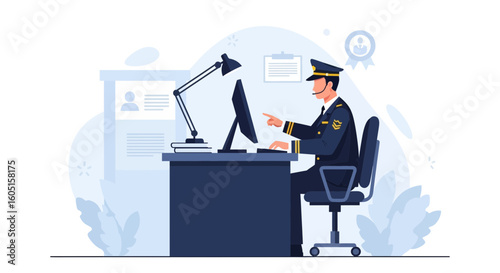 Police Officer Reviewing Application On Computer In Office Setting Vector