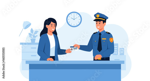Police Officer Checking Identification Card Of Young Woman At Reception Desk