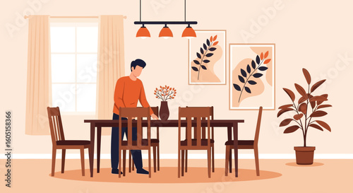 Man Preparing Dining Room Table Setting With Houseplant And Wall Art