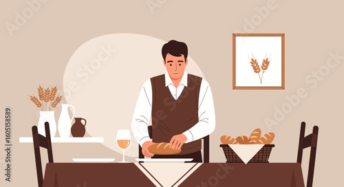 Man Preparing Food At Dining Table With Bread And Wine For Meal Time