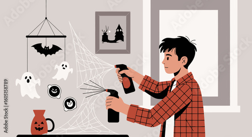 Man Preparing For Halloween Party With Decorations And Disinfecting With Spray