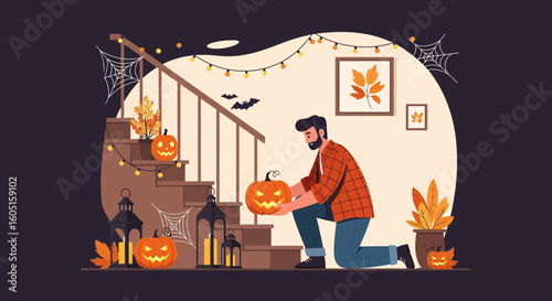 Man Preparing Halloween Decorations At Home For Festive Celebration