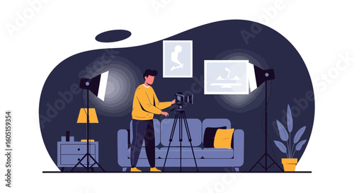 Man Preparing Photography Session Indoors With Lighting and Camera On Tripod