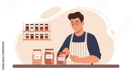 Preparation Of Homemade Preserves In Glass Jars With Man Wearing Apron