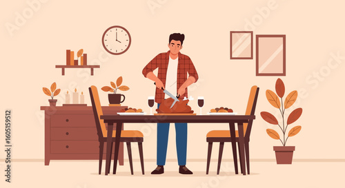 Man Preparing Thanksgiving Dinner At Home With Family Around The Dining Table