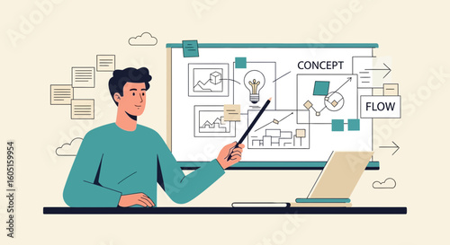 Man Presenting Creative Idea Concept Using Whiteboard For Business Strategy