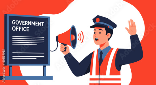 Official Announcing Information At Government Office Using Megaphone
