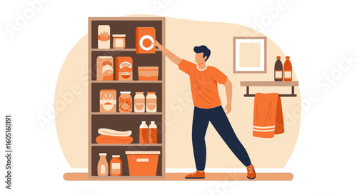 Man Reaching For Canned Goods On The Pantry Shelf At Home Illustration