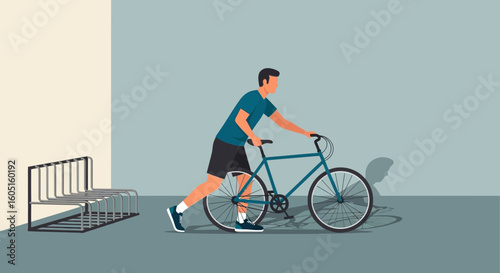 Man Pushing His Bicycle Towards A Rack For Secure Storage Outdoors