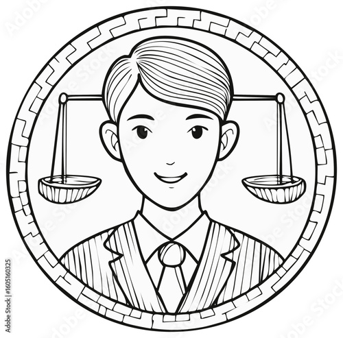 Line art depiction of a young lawyer with scales of justice in a decorative coin design element