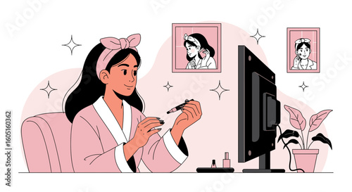 Online Beauty Tutorial Woman Paints Nails While Watching a Beauty Vlog