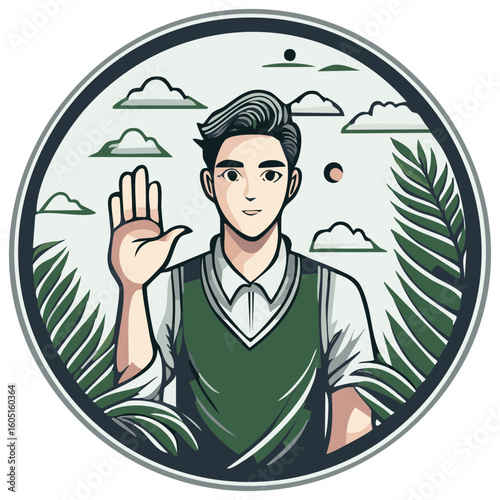 Young man taking a solemn oath or making a promise in a circular emblem with nature elements illustration